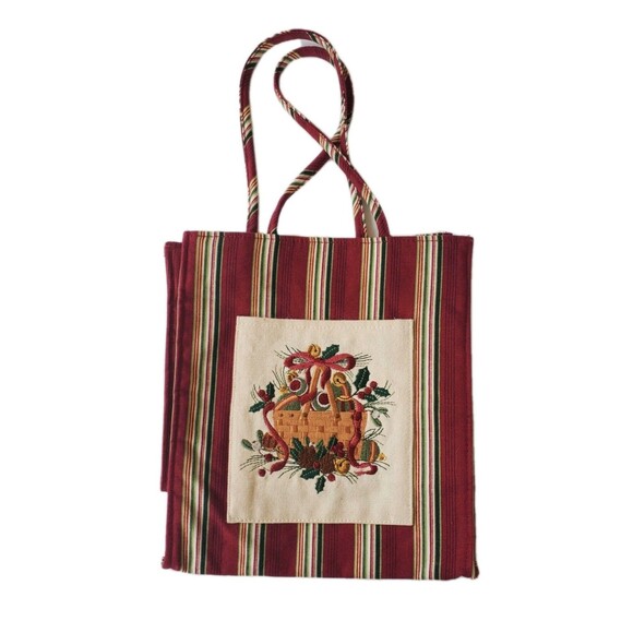 Longaberger Holiday 2005 Red Stripe Embroidered Basket Floral Tote Gift Bag VTG - Picture 1 of 11